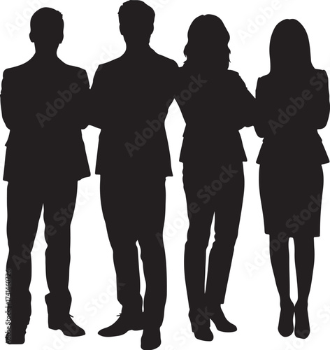 Silhouette of Four Business People Standing with Arms Crossed on a White Background Keywords: silhouette, business, people, group, man, woman, standing, arms crossed, professional, teamwork