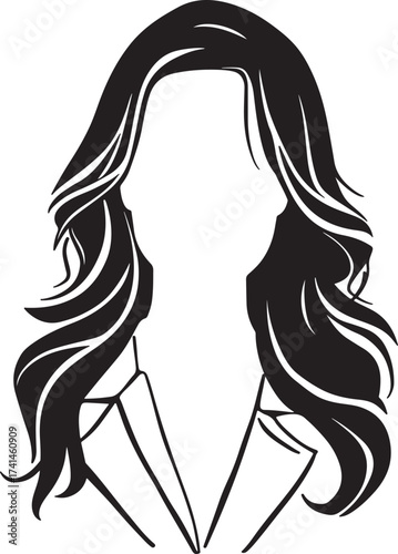 Stylized black and white illustration of a woman's head and shoulders with flowing hair and a suit jacket