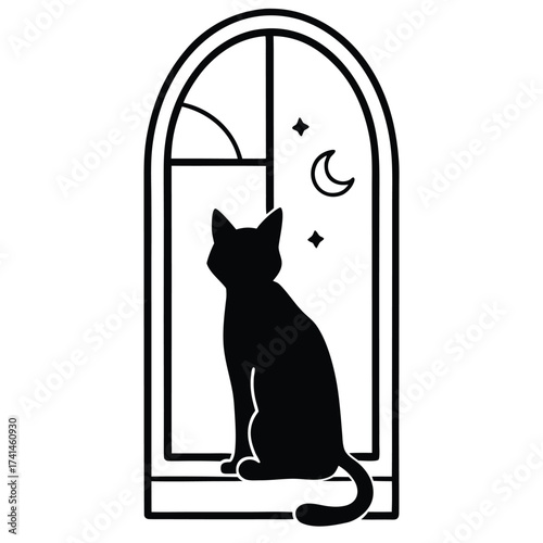 Silhouette of a cat sitting on a window sill