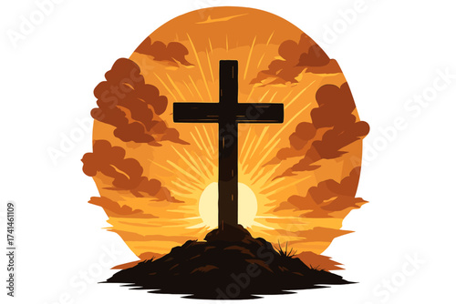 Christian cross on Calvary hill at sunrise. Easter resurrection of Jesus Christ. Religious symbol of salvation, faith, and hope. Vector illustration for church and worship.