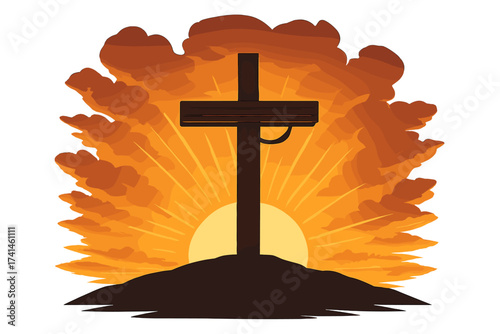 Christian cross on Calvary hill at sunrise. Easter morning symbol of resurrection, salvation, and hope. Religious vector for Lent, Good Friday, and faith in Jesus Christ.
