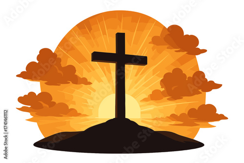 Christian religious design for Easter. Cross on a hill at sunrise, symbol of salvation and faith. Jesus Christ resurrection concept. Spirituality, hope, and forgiveness.