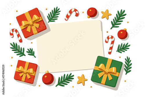 Christmas holiday vector background with copy space. Festive greeting card template frame. Winter decoration with gift box, present, candy cane, star, fir branch, ornament.