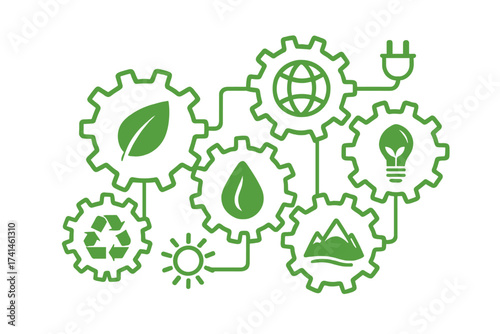 Ecology mechanism concept. Abstract background with connected gears and icons for eco friendly, energy, environment, green, recycle, bio and global ideas. Sustainable technology.