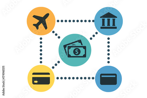 Financial network concept. Money transfer and payment methods. Icons for banking, credit card, cash and travel booking. Vector illustration for finance, economy and business.