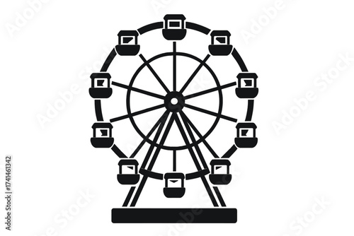 Ferris wheel icon vector silhouette. Amusement park funfair big wheel ride symbol. Carnival entertainment circle graphic element. Isolated on white background illustration.