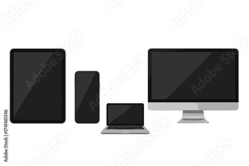 Realistic vector device mockup set. PC monitor, laptop, tablet and smartphone with blank screens for presentation. Isolated electronic gadgets for web design or app display.