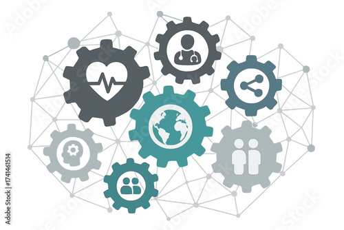 Global healthcare system concept. Medical network with connected gears and icons. Health technology, doctor, patient, cardiology, mental health. Abstract vector illustration.