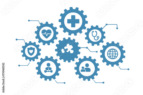 Healthcare mechanism concept. Medical system with connected gears. Health strategy. Care, medicine, network, social, global icon. Cardiology, teamwork, wellness. Vector illustration