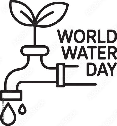 World Water Day Line Icon Faucet Sprout Plant Black and White