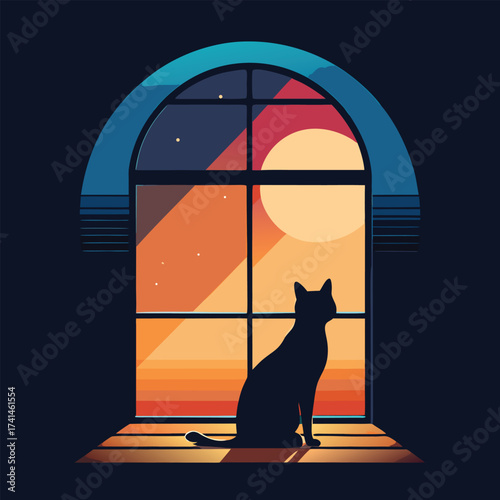 A cat silhouette sits on a window sill, watching the moon and stars at night