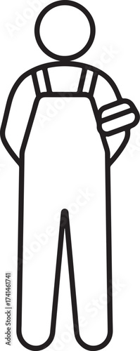 Stylized figure wearing overalls and holding a tool on a white background worker construction