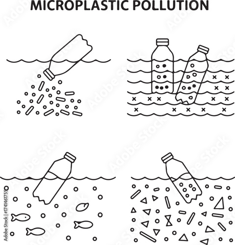 Microplastic Pollution Linear Illustration Ocean Bottles Fragmentation