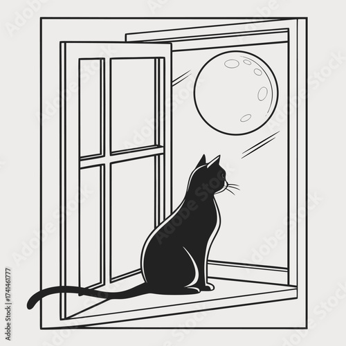 A black cat sits on a window sill looking at the moon
