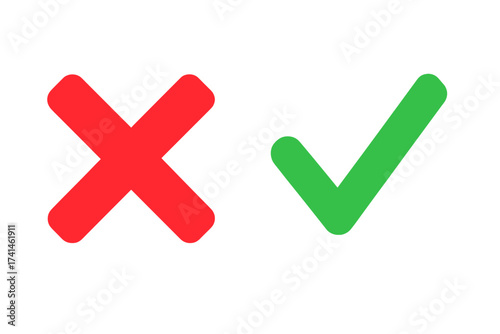 Red cross and green tick vector set. Yes and No check mark icons for web and apps. Right and wrong signs isolated. Mark X and V in a flat style for approval and rejection.