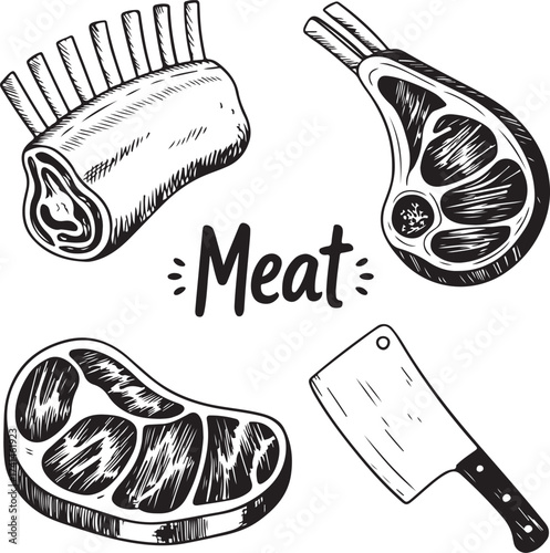 Meat Cuts Assortment Hand Drawn Vintage Style Butcher Shop Illustration