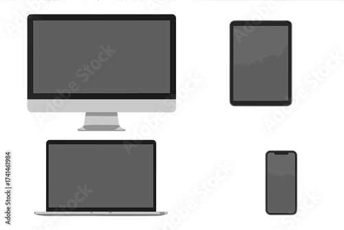 Realistic device mockup set. Modern electronic gadgets collection. Computer monitor, laptop, tablet and smartphone with blank screen. Vector illustration isolated on white.