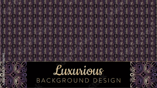 Luxurious Ornamental Seamless Pattern Background with Elegant Scrollwork. Premium dark maroon and purple texture with a decorative gold-toned footer. Ideal for wedding invitations, certificates.