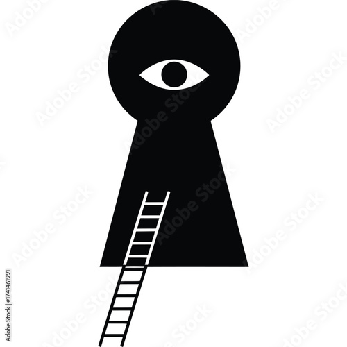 Keyhole with eye and ladder illustration access vision opportunity symbol black and white graphic stairway climbing security secret