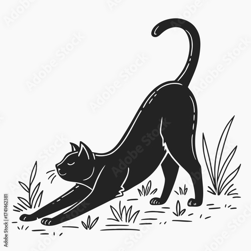 A black cat stretching in a field of grass