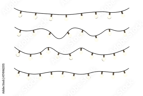 Set of Christmas light garlands with glowing bulbs, festive string lights decoration, vector illustration on transparent background, holiday decor design bundle, glowing bulbs, party lights