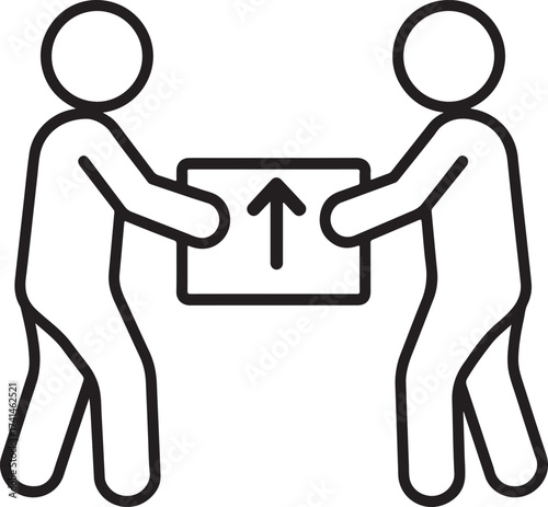 Two stylized figures holding a box with an upward arrow icon on a white background teamwork delivery