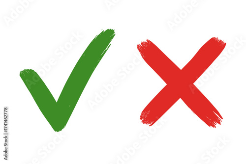 Green checkmark and red cross brush stroke icons, approval and rejection symbols, yes and no vote buttons, simple graphic design isolated on white background, positive and negative marks