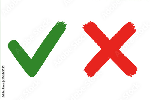 Green checkmark and red cross brush signs, isolated on white background, simple graphic design for yes and no icons, vote buttons, approval and rejection symbols, positive and negative marks