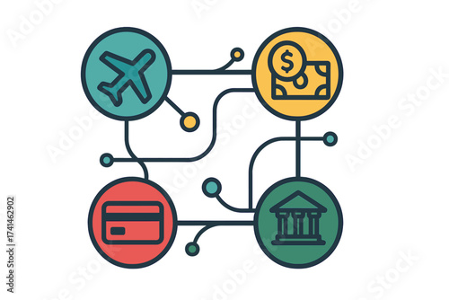 Abstract travel mechanism concept with connected circles and flat icons. Integrated vector symbols for airplane, money, credit card, bank building, interactive finance and travel network illustration.