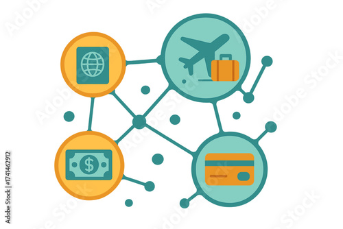 Abstract travel mechanism with connected circles and flat icons for passport, airplane, luggage, money, and credit card. Vector illustration for payment, bank, and tourism concepts.
