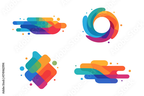 Vibrant abstract colorful vector background set with transparent layered geometric shapes on white, dynamic fluid design elements, modern illustration collection for graphic design
