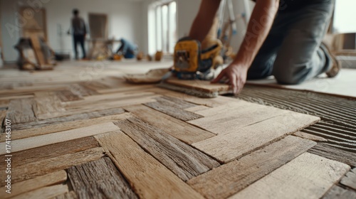 Wallpaper Mural Team of workers restoring wooden parquet floor in large room using professional sanding tools
 Torontodigital.ca