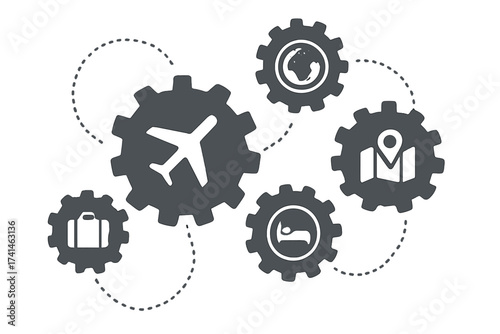Travel mechanism concept with interconnected gears and flat icons, airplane, suitcase, globe, map with location, and hotel bed. Abstract vector illustration for tourism and transportation industry.