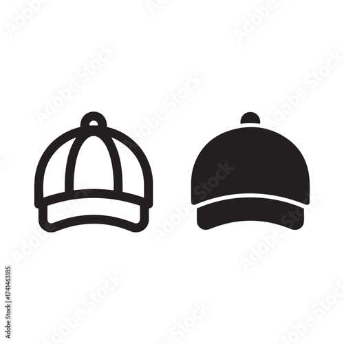 Two baseball cap icons one outline one solid silhouette for fashion and sports wear