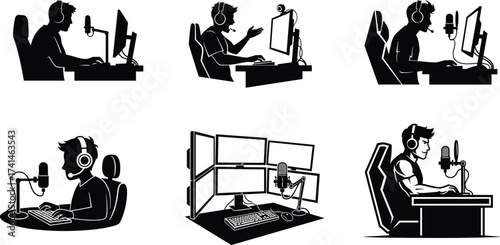 Black and white silhouette illustration, podcasting setup, streaming desk, microphone and headphones, online broadcasting, digital media, communication