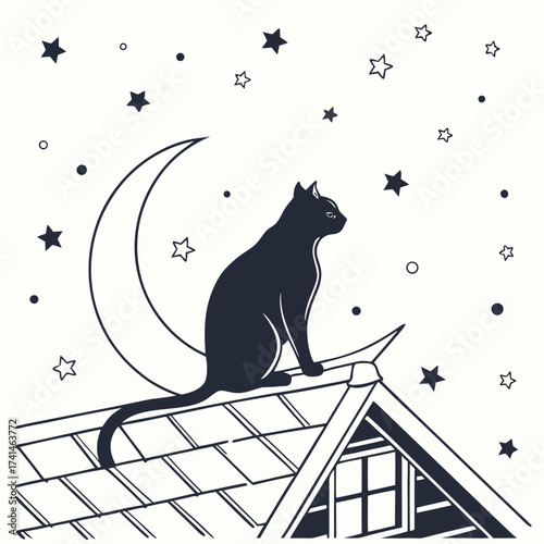 A cat sits on a rooftop under the moon