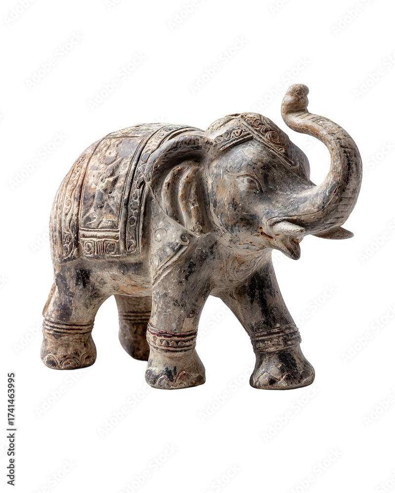 Obraz premium Stone elephant sculpture in gray tone with worn texture, engraved details, and small nicks, isolated on transparent background. 