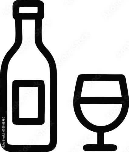 Simple line art icon of a wine bottle and a wine glass perfect for beverages food service menus and alcoholic drinks