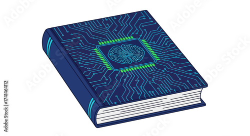Photos A dark blue hardcover book with a glowing green computer circuit board and CPU design on its cover