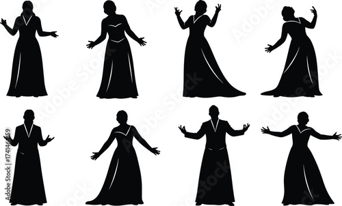 Black silhouette illustration, dramatic poses, long dresses, expressive gestures, theatrical performance, choreography, costume design, stage art