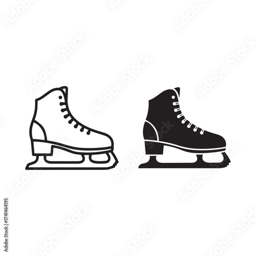 Two ice skates side by side black and white line art symbol winter sport equipment