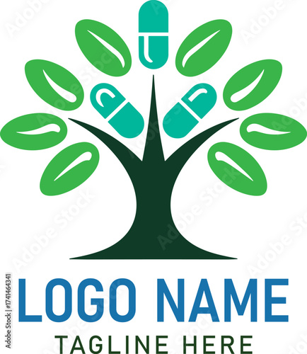 Green tree with teal capsules as leaves and dark trunk logo vector