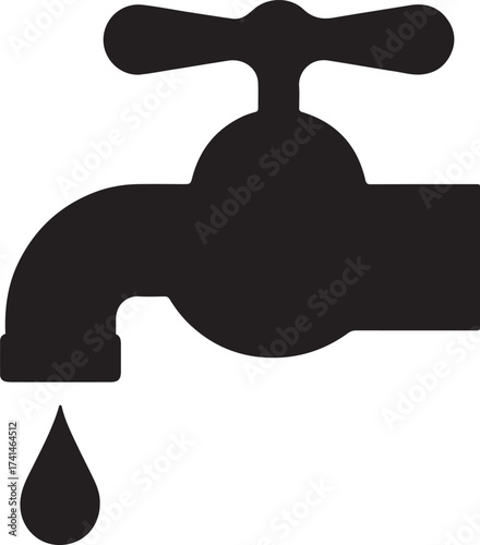 Black faucet icon illustration with single water drop on white background