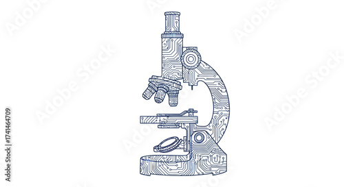 Bild auf Leinwand Detailed Line Art Drawing of a Scientific Laboratory Microscope.