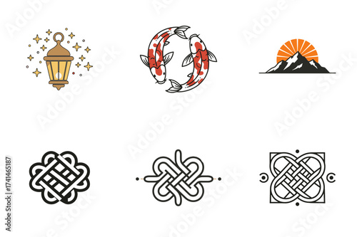 Icons for Lunar New Year featuring lanterns, koi fish, and mountains  