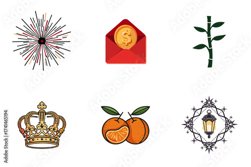 Icon set of Lunar New Year symbols including money, crown, and bamboo  