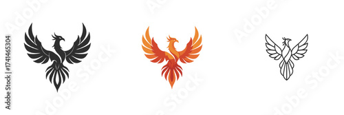 Set of phoenix icons in black, orange, and outline styles . Lunar New Year   