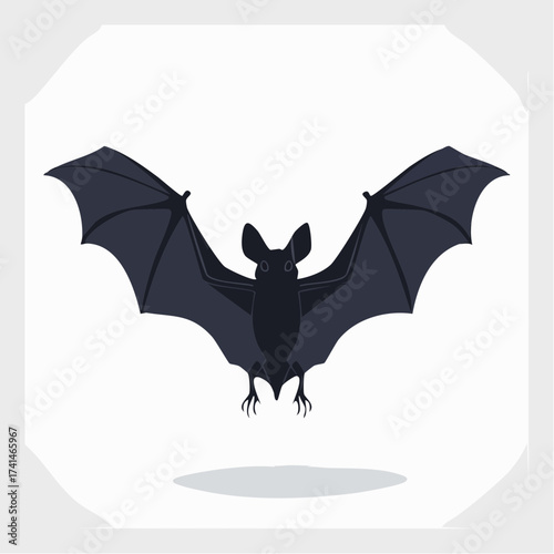 Creepy flying bat silhouette with fully spread wings. A simple, dark vector icon of a nocturnal mammal, ideal for Halloween or horror themes
