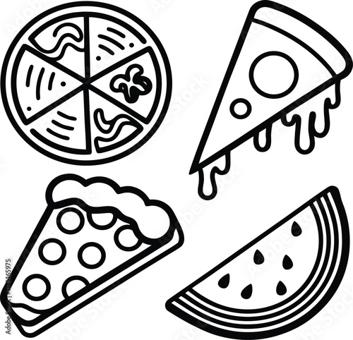 Fun hand-drawn pizza slices and watermelon wedge graphic elements for food themed designs