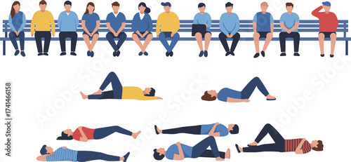 Group of diverse people sitting on bench, relaxed individuals lying down, casual clothing, social gathering, human posture, lifestyle, community, relaxation, diversity